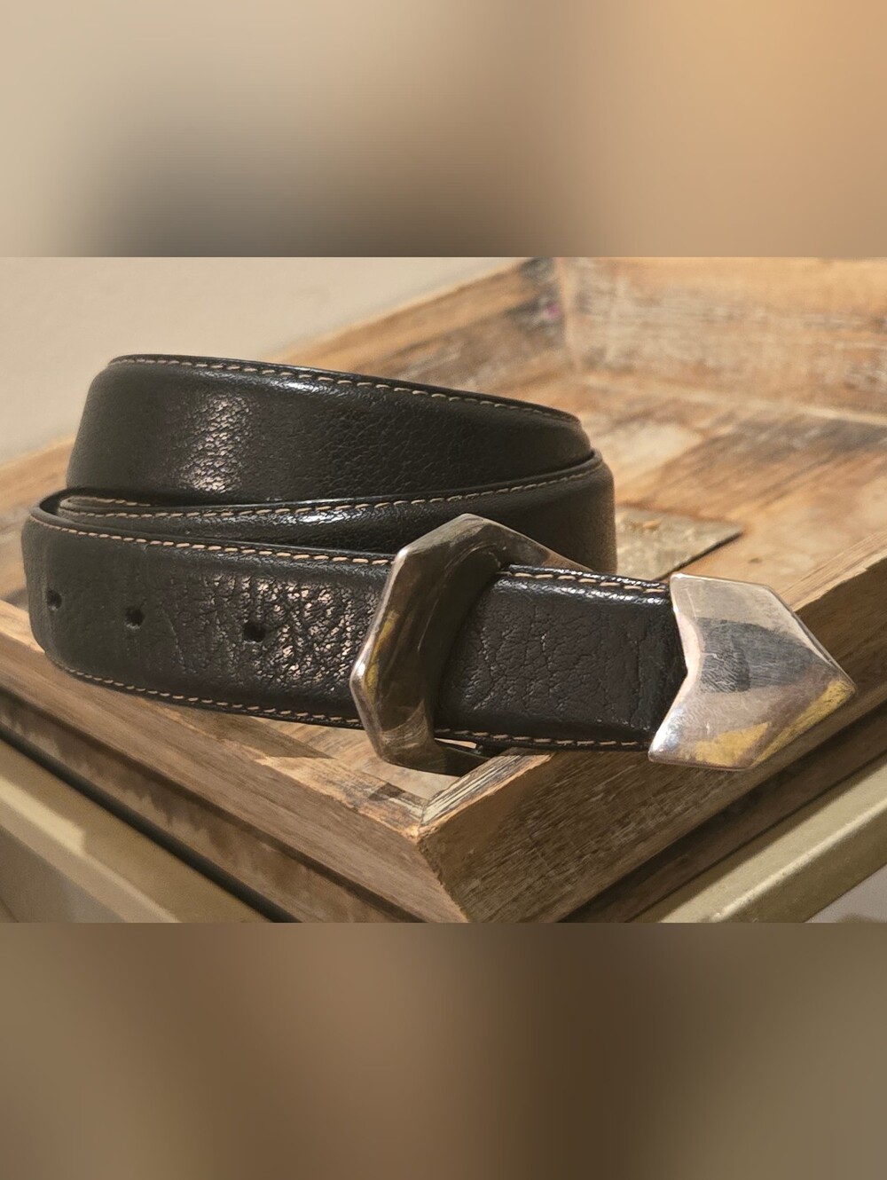 Vintage Richard Gampel Paris French Black Buffalo Leather Belt Silver Tip Sz 95